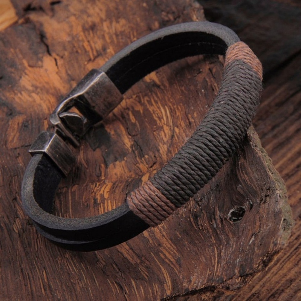 Men's Leather Black & Brown Wrapped Bracelet - Picture 2 of 8